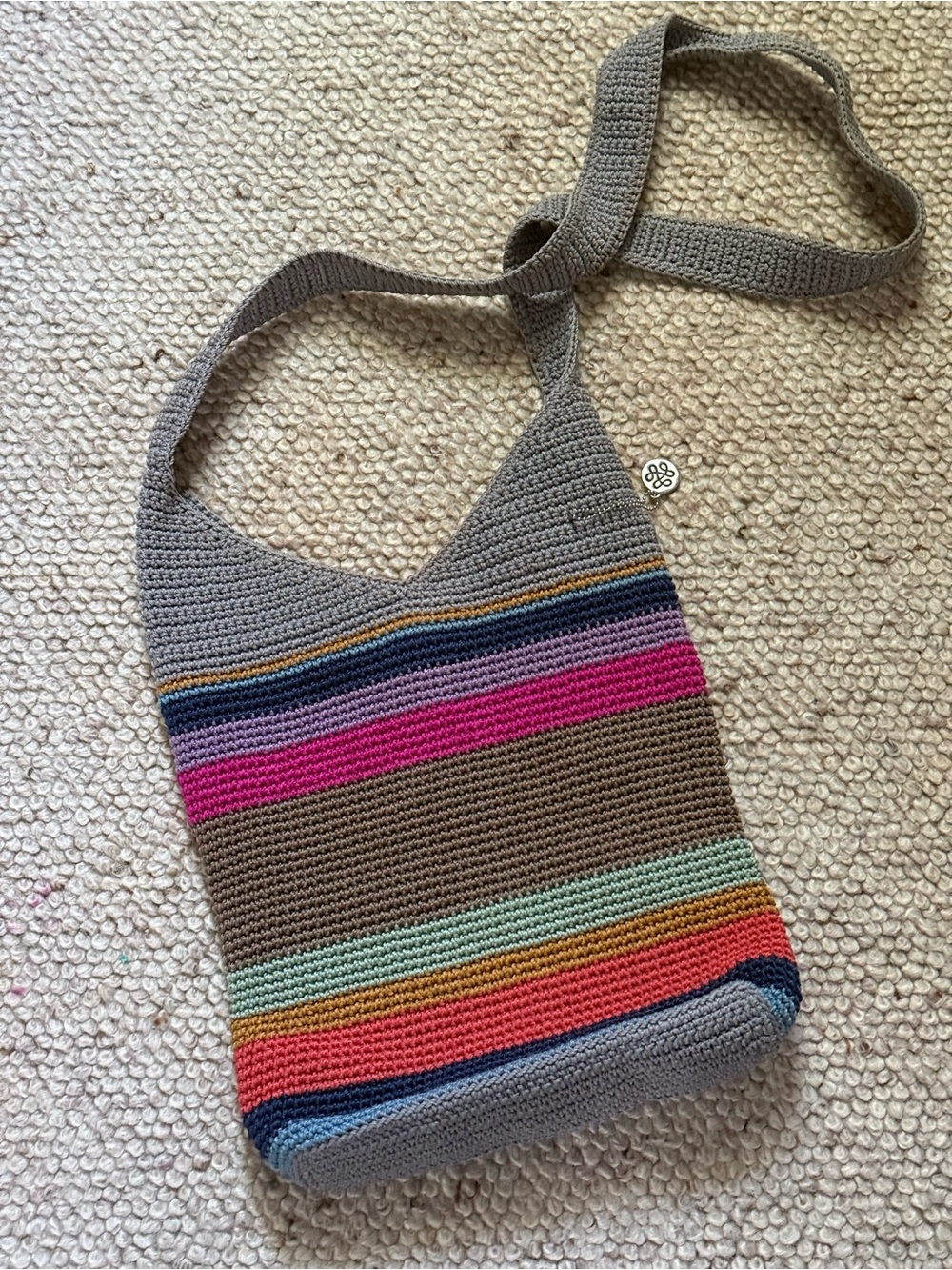 Handwoven Multicolor Stripe Crossbody Bag - Gray with Pink & Brown Accents